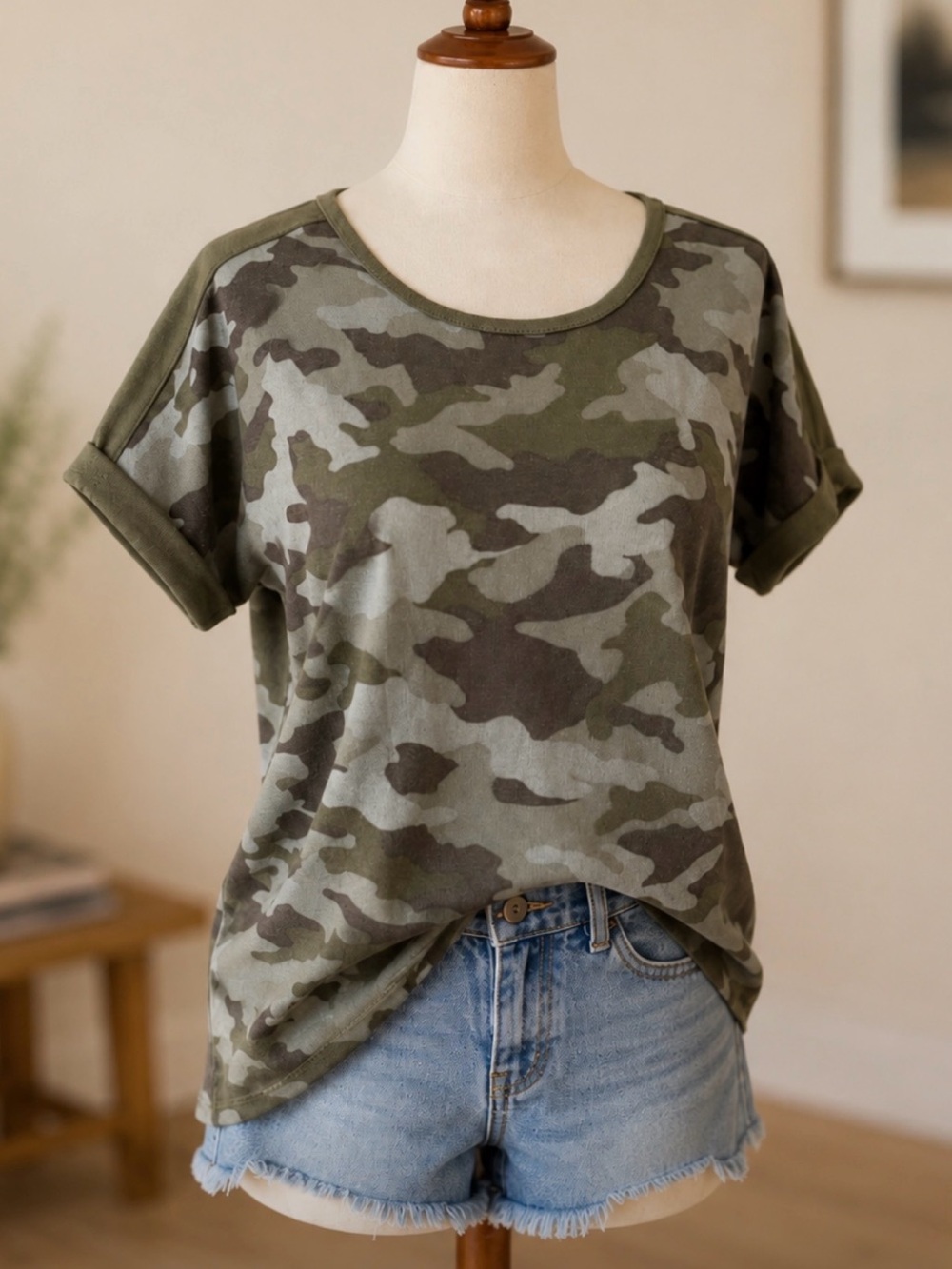 Lucky Brand Camo Short Sleeve Knit Tee Olive Gray Camouflage Size L